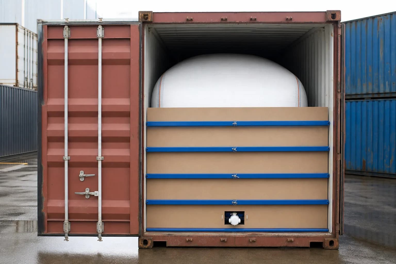 Filled Flexitank restrained behind a clean bulkhead and horizontal bars