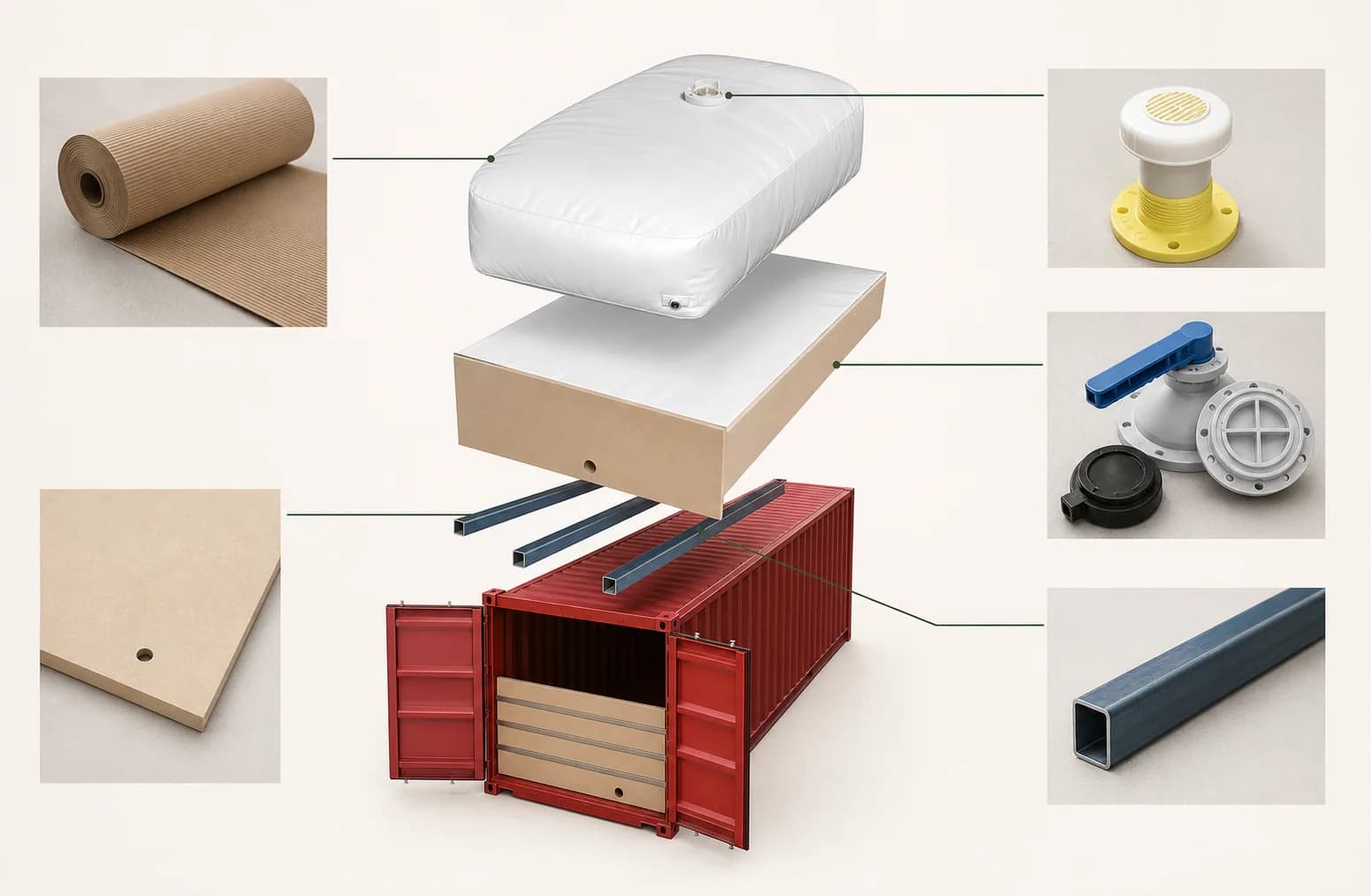 Exploded visual of Flexitank liner, valve, bulkhead and restraint components
