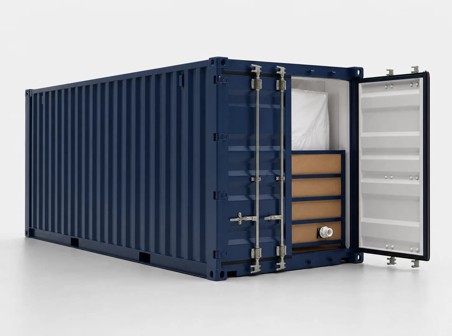 Unbranded container fitted with Flexitank bulkhead and valve system