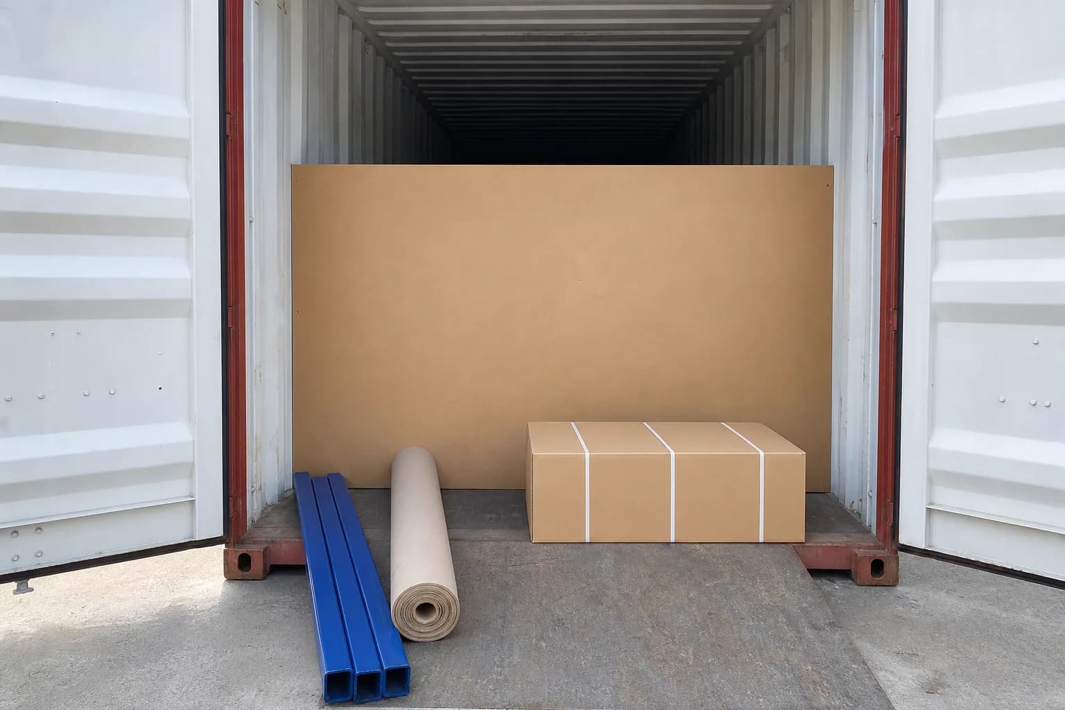 Unbranded Flexitank installation materials staged inside a dry container